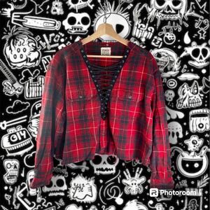 Furst of a Kind Women's L/S Red & Black Plaid Flannel Lace Up V Nack Crop Top